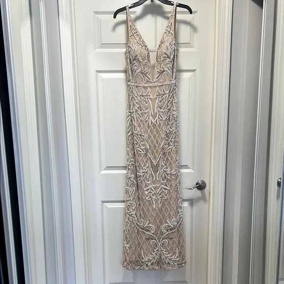 Anna C. Beige Embellished Beaded, Low Back Maxi Evening Dress, Gown, Worn once - Picture 1 of 11